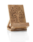 Handcarved wooden recipe stand with a leafy tree design, etched into the front surface, with an adjustable back stand and a charger port opening