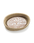 An oval-shaped bread basket made from natural fibers with a terracotta bread warmer inside, featuring a tree of life design.
