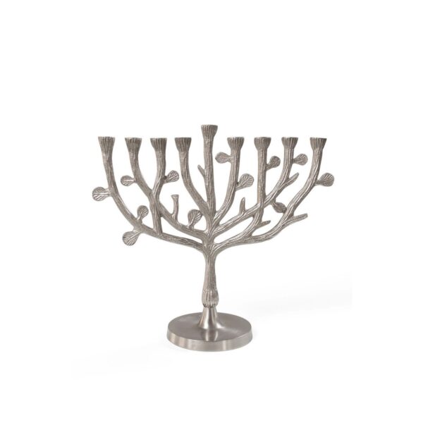 A silver aluminum Tree of Life menorah with a modern design, featuring a central trunk with branches and hooks for hanging