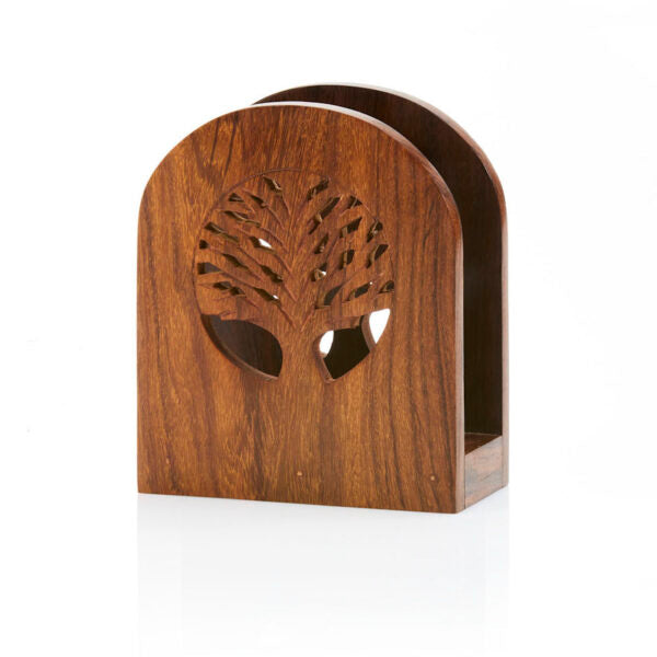 A wooden napkin holder with a Tree of Life design, made from shesham wood, with a curved front and a flat back