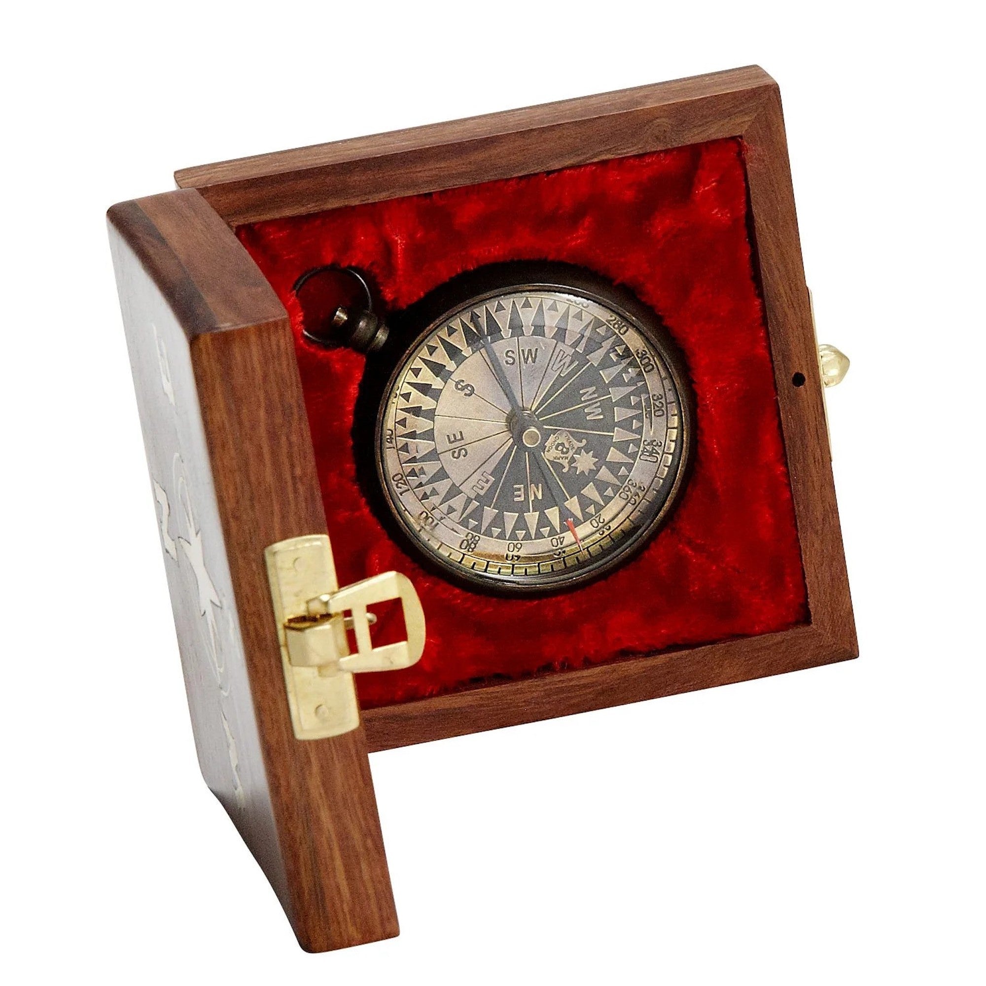 A navigational compass with a sheesham wood box, featuring a metal body and a glass face, with the box lid open and a red velvet lining and compass visible.