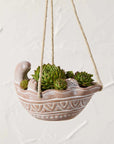 Hanging ceramic turtle design planter with succulents on a white background
