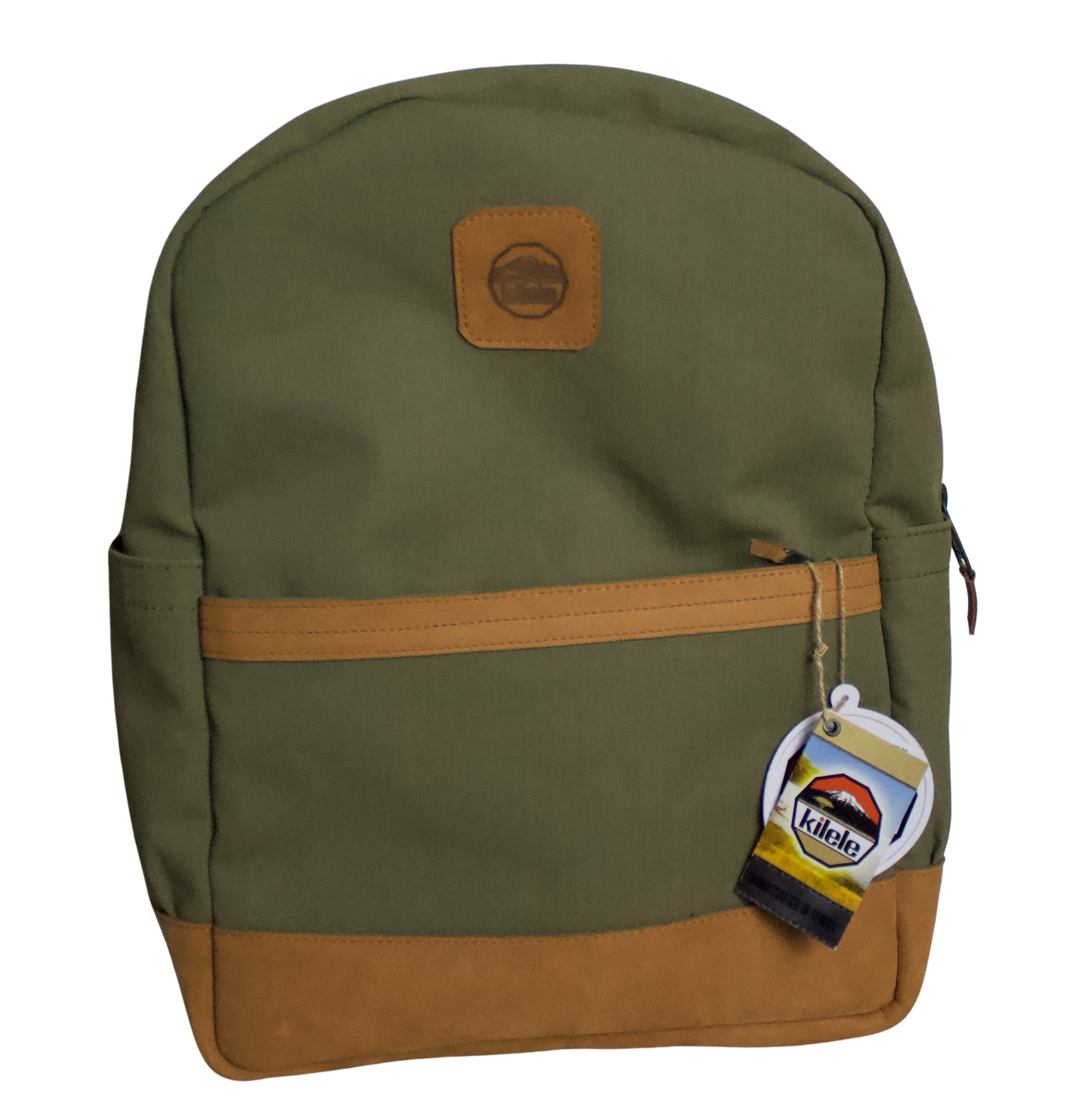 A green Cape Buffalo book bag with a large main compartment and a laptop sleeve, made from ripstop canvas with leather accents.