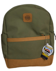 A green Cape Buffalo book bag with a large main compartment and a laptop sleeve, made from ripstop canvas with leather accents.