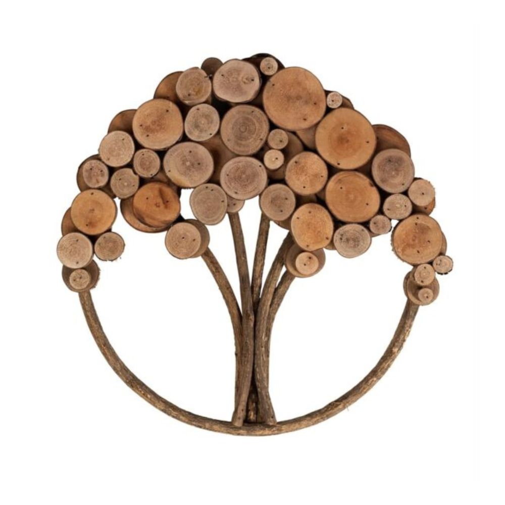 A wall sculpture made of arranged takip-asin twigs and slices of galtang vines, shaped like a tree with varying branches