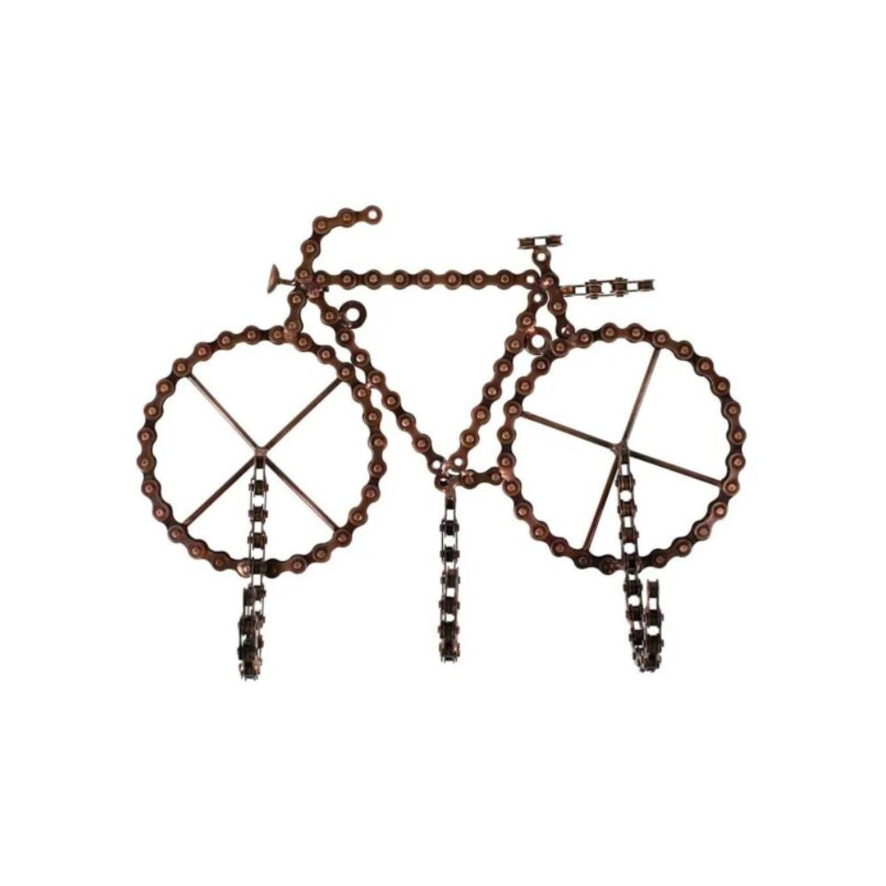 Wall-mounted bicycle-shaped hook rack made from recycled bicycle chains with three hooks, predominantly brown in color