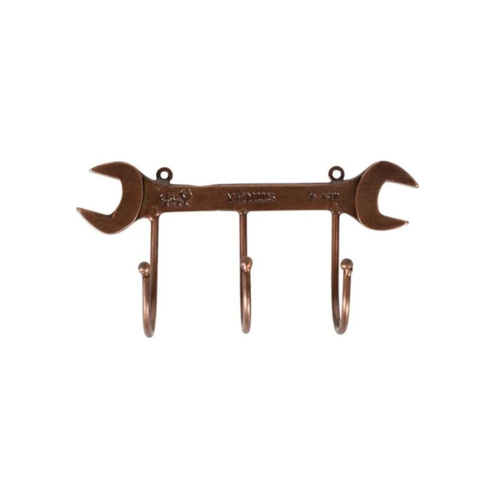 A wall-mounted wrench hook rack made of iron with an antiqued copper finish, featuring the design of one wrench with three hooks below