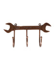 A wall-mounted wrench hook rack made of iron with an antiqued copper finish, featuring the design of one wrench with three hooks below