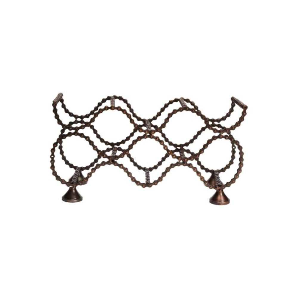 A freestanding wine rack made from recycled bicycle chains, designed to hold six bottles of wine