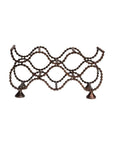 A freestanding wine rack made from recycled bicycle chains, designed to hold six bottles of wine