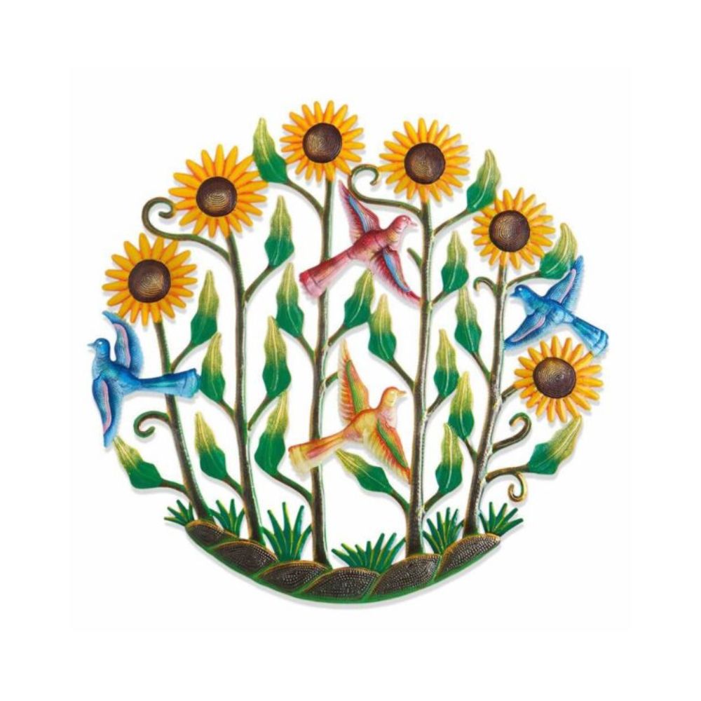 A circular metal wall art featuring a vibrant hand-painted design with sunflowers, birds, and greenery on a white background