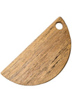 A round, natural brown wooden cutting or serving board with a hole for hanging