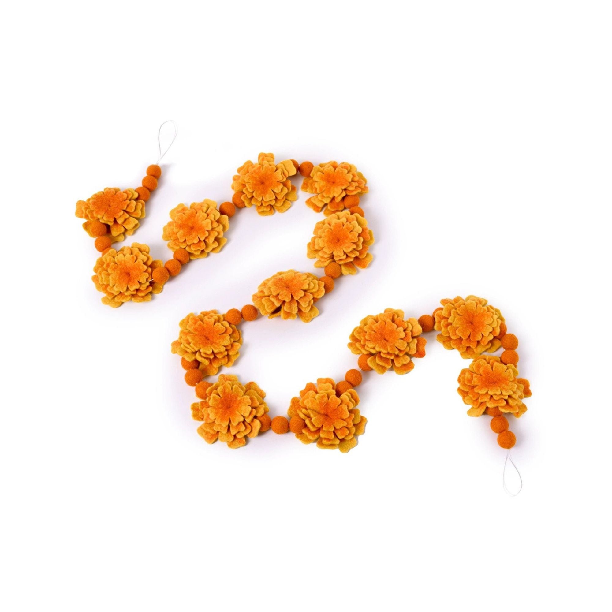 A hanging garland made of felt marigold flowers in yellow and orange, with beads in between the flowers