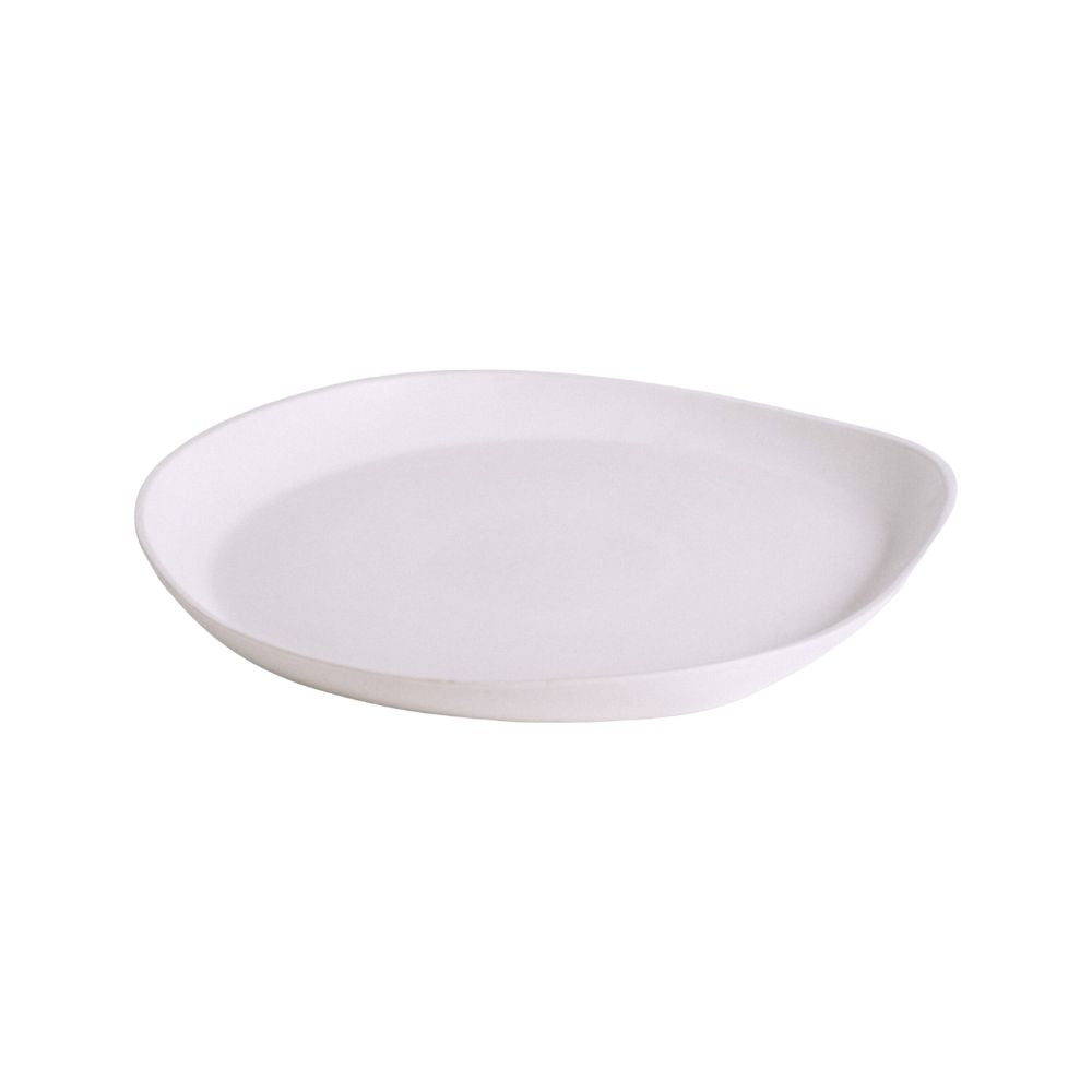 A round, white stoneware serving platter with a simple and elegant design, hand-crafted with visible edges and a smooth surface
