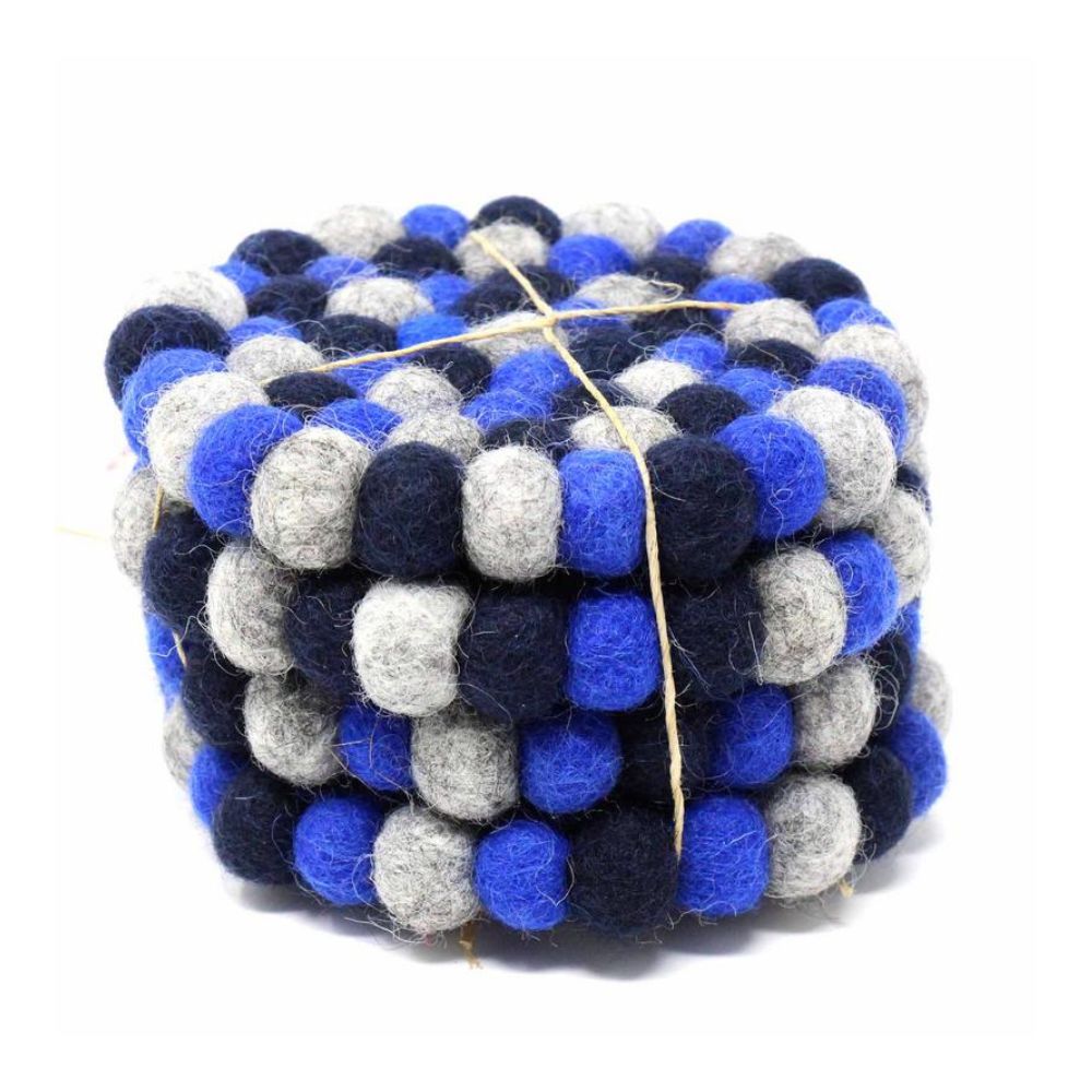 A stack of round felt ball coasters in dark blue and gray, bound together with string