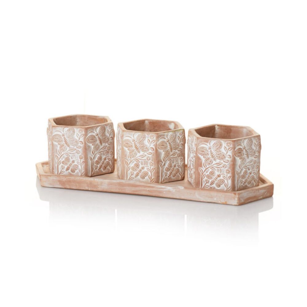 Three terracotta planters with meadow designs, placed on a matching terracotta tray