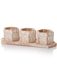 Three terracotta planters with meadow designs, placed on a matching terracotta tray