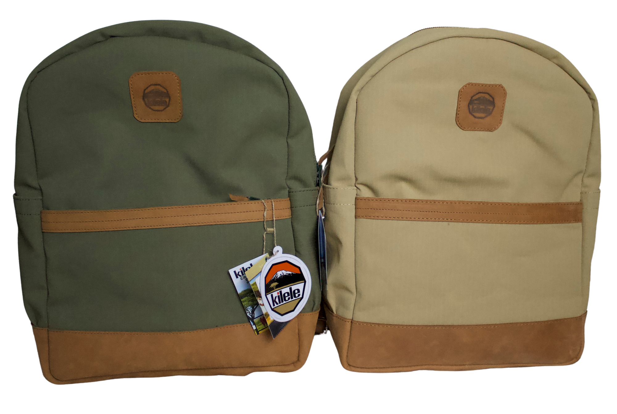 Two buffalo book bags, one of which is green and the other beige.