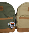Two buffalo book bags, one of which is green and the other beige.