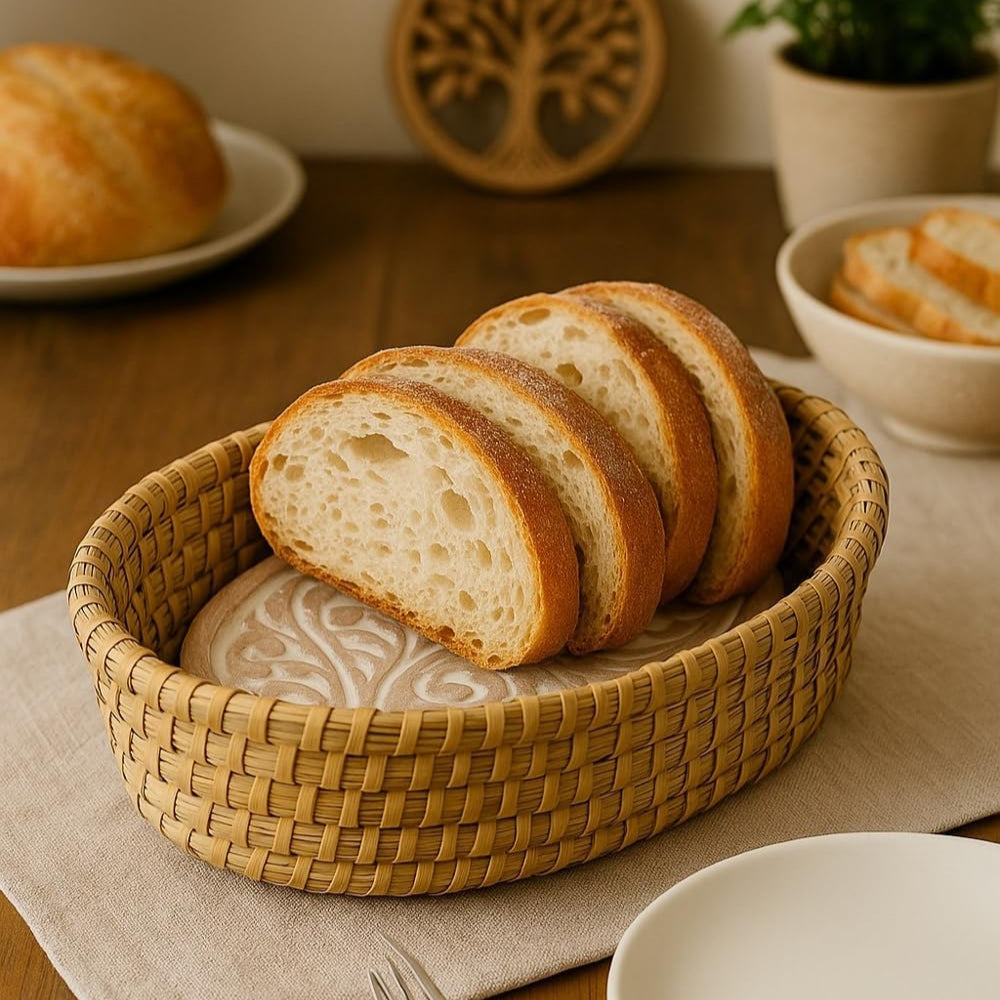 Sliced bread in a woven basket on a wooden table with a knife and fork.