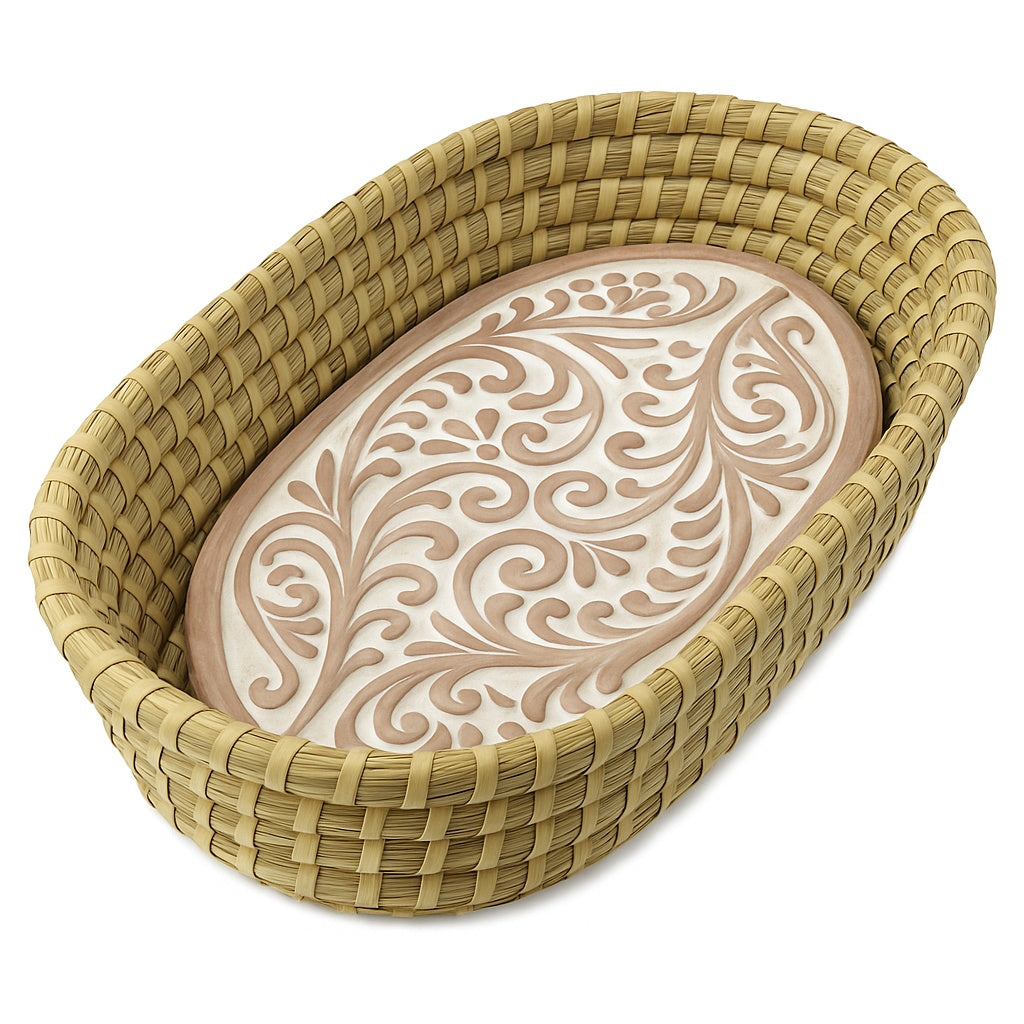 Decorative stone with floral pattern inside a woven basket on a white background