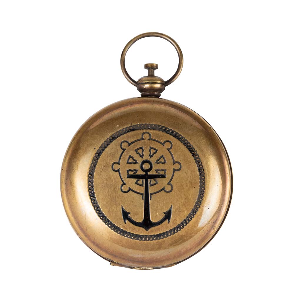 Brass pocket watch with anchor and wheel design on a white background