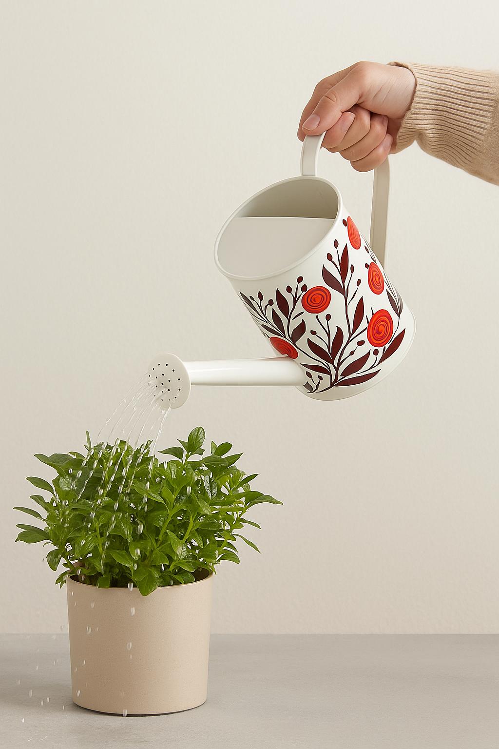 Person watering a plant with a decorative floral design watering can on a plain background