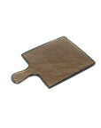 A rectangular hammered glass serving board with a pinkish-beige color and a copper-colored edge