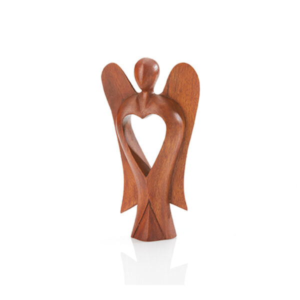 A wooden sculpture of a heart-shaped angel with outstretched wings, crafted from a single piece of acacia wood