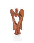 A wooden sculpture of a heart-shaped angel with outstretched wings, crafted from a single piece of acacia wood