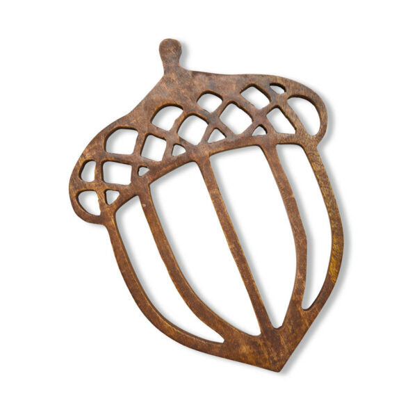 A hand-carved mango wood trivet in the shape of an acorn with a rustic brown finish