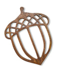 A hand-carved mango wood trivet in the shape of an acorn with a rustic brown finish
