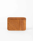 Brown woven leather cardholder on a white background