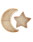 Woven moon and star-shaped decorative trays on a white background