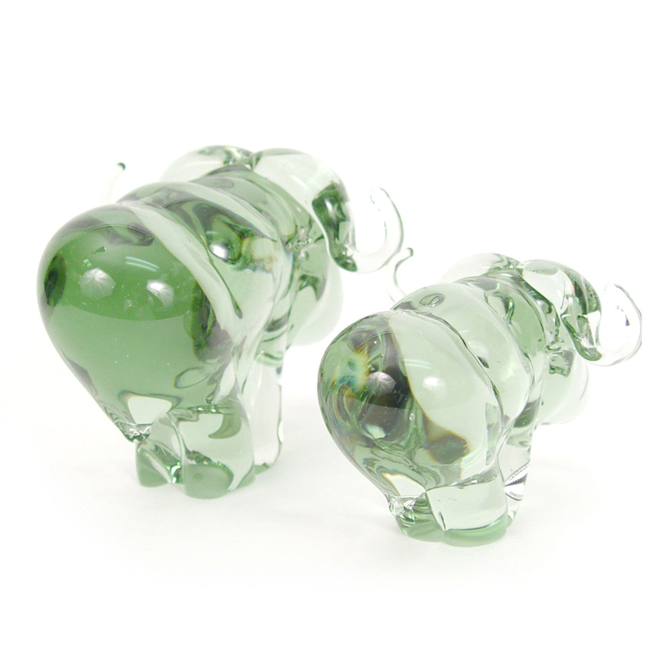 Two handblown recycled glass buffalo figurines from the back