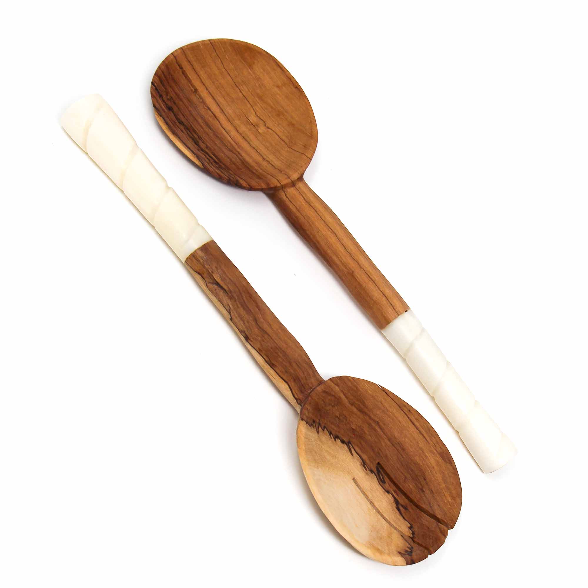 Olive Wood Salad Servers with Bone Handles - White with Etching Design