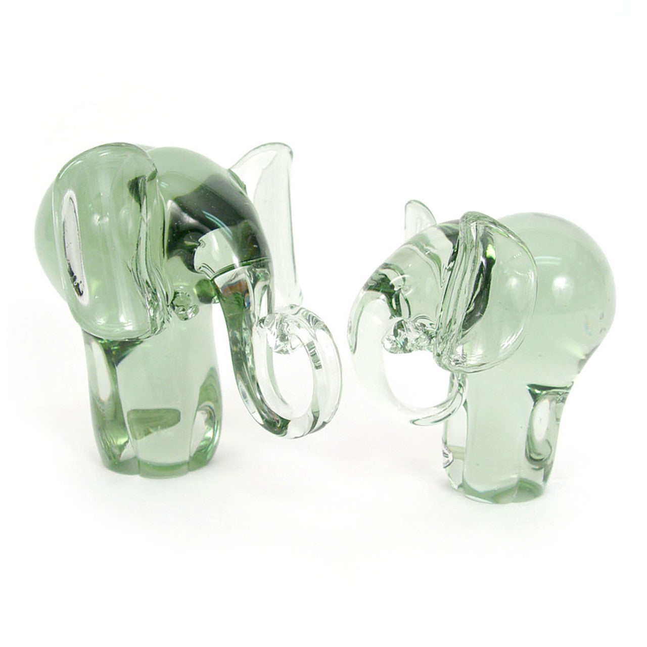 Two recycled glass elephant figurines with a clear glass trunk and a smooth and polished finish