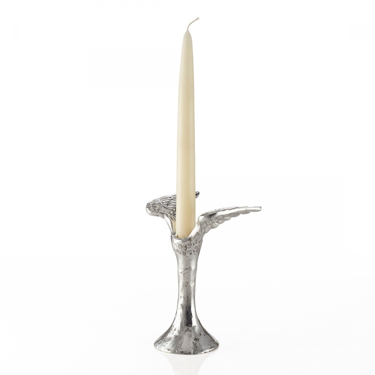 Silver candle holder with a white candle on a white background