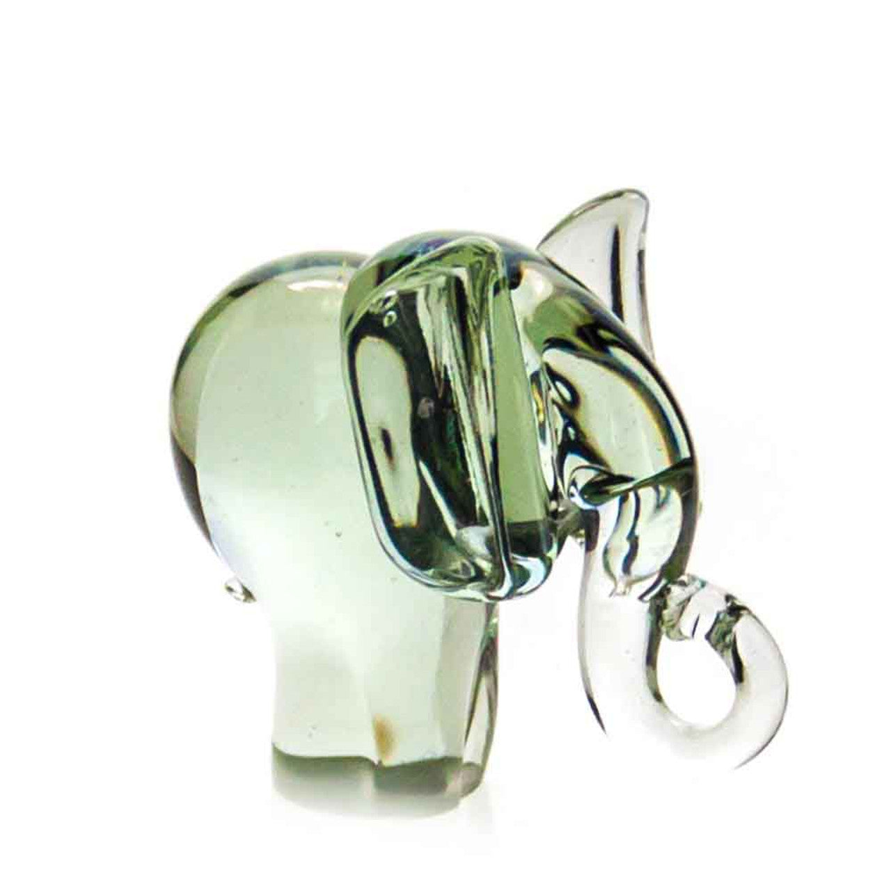 A recycled glass elephant figurine with a clear glass trunk and a smooth and polished finish