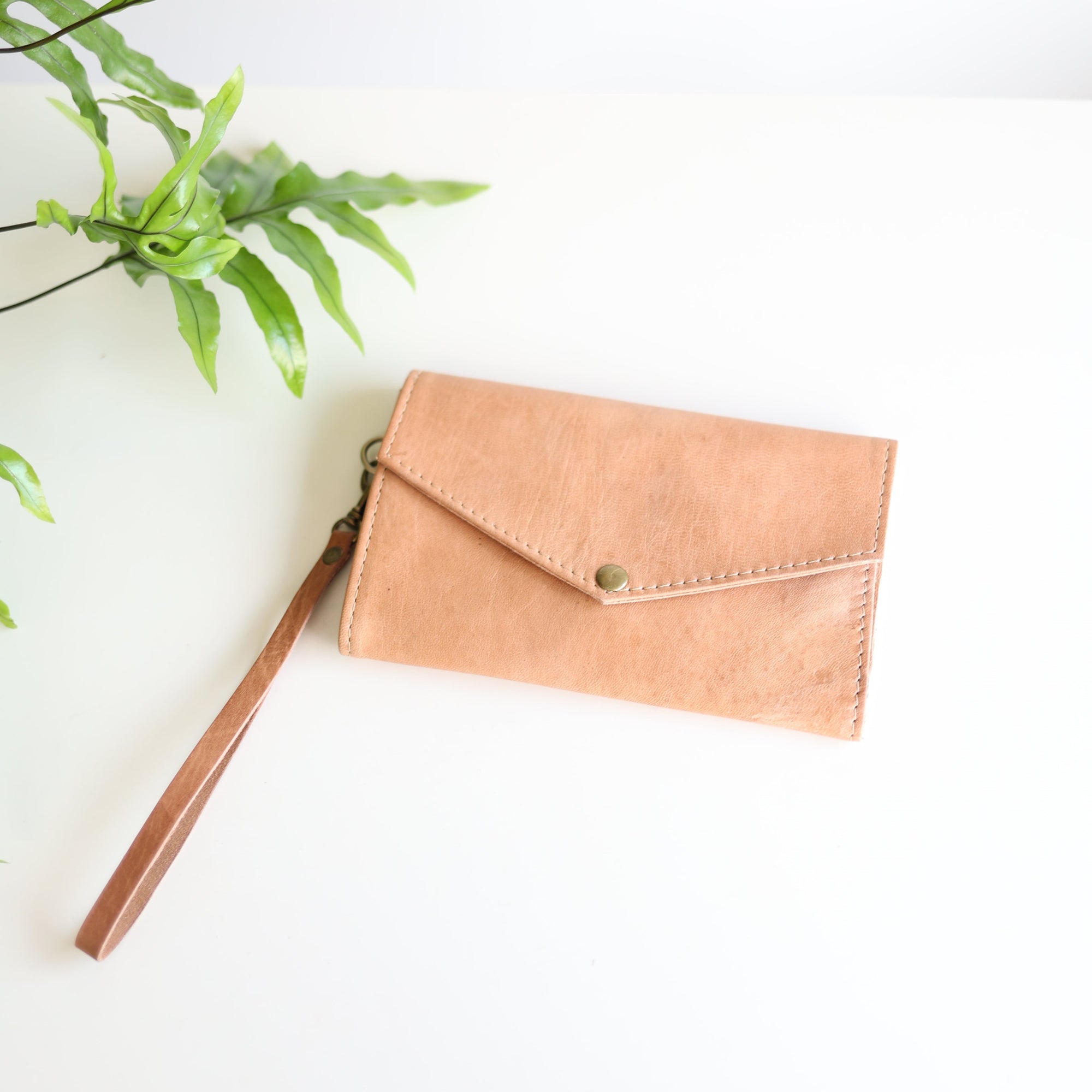 A brown leather wallet with a brass snap and a leather wristlet strap, displayed on a white surface with a green plant in the background.