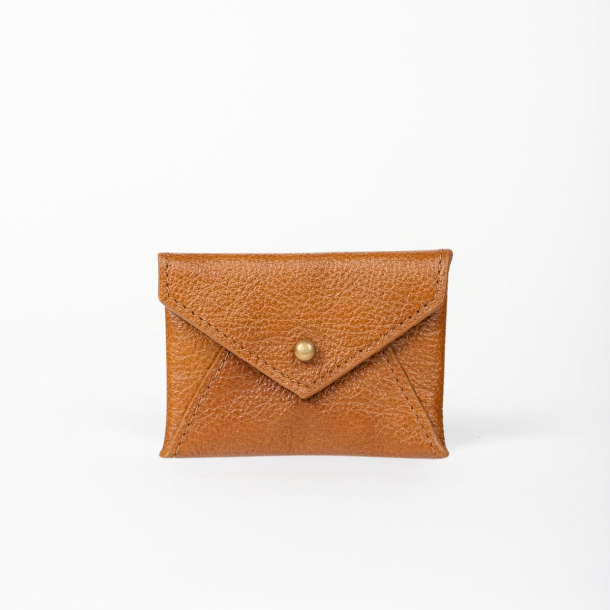 Brown leather cardholder with a gold button on a white background