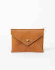 Brown leather cardholder with a gold button on a white background