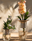 Two glass vases with flowers on a wooden surface with a neutral background