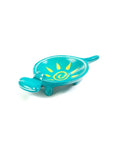 A mini hand-carved blue soapstone dish with a blue color and yellow sun design, crafted by artisans in Kenya