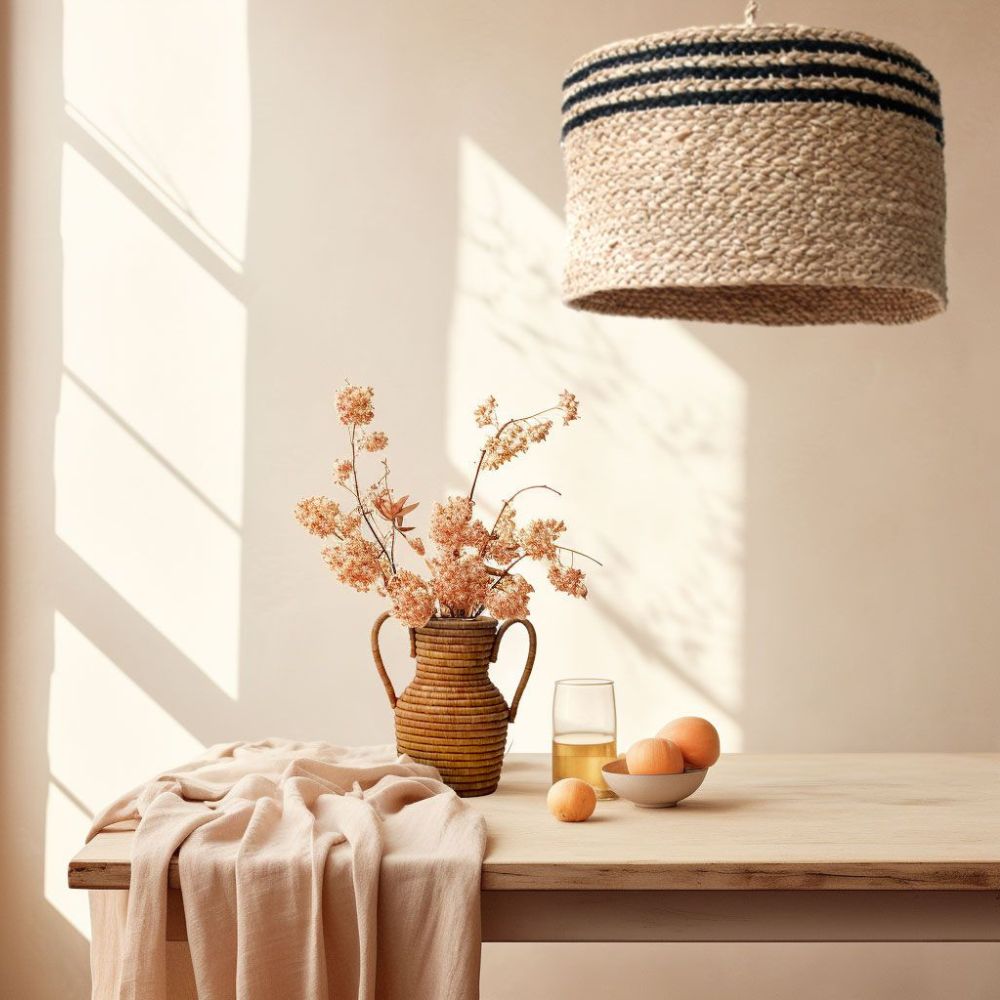 A handmade sisal vase with double handles on a wooden table with fake pink flowers inside.