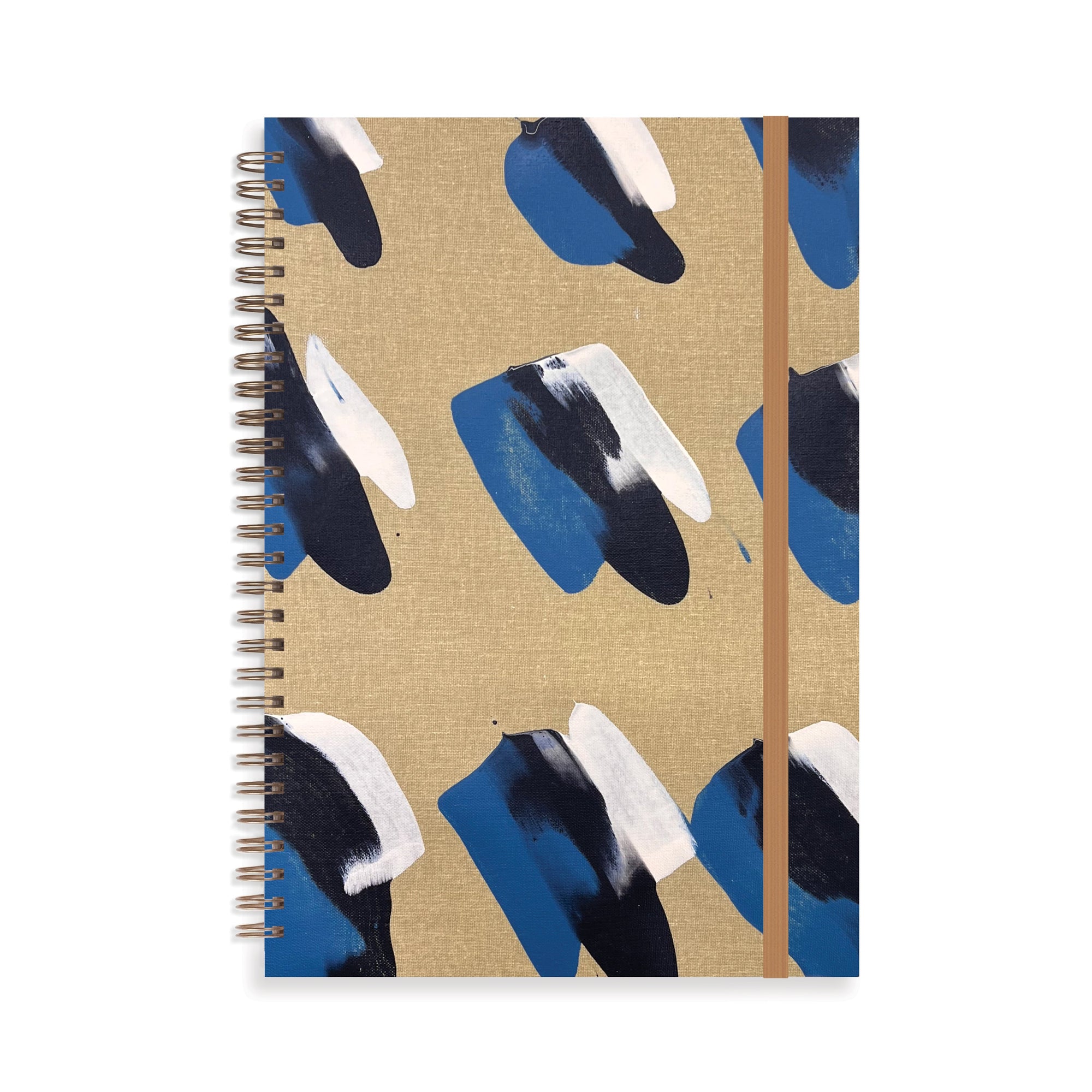 Notebook with abstract blue and black design on beige cover