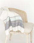 Woven chair with a patterned throw blanket on a white background
