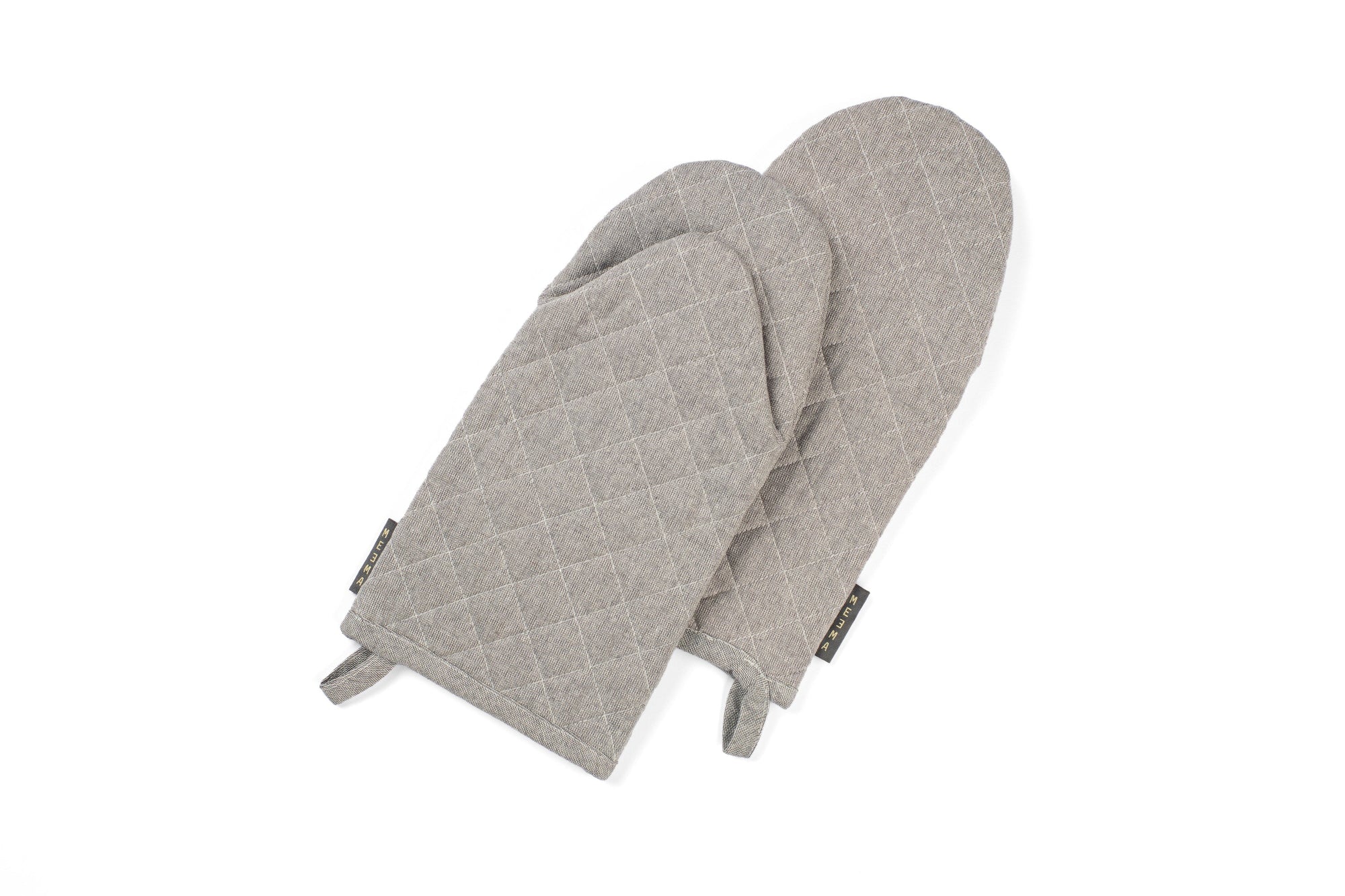 A pair of gray oven mitts made from upcycled cotton, displayed against a white background