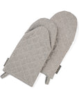 A pair of gray oven mitts made from upcycled cotton, displayed against a white background