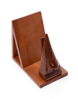 Wooden book holder with a cone-shaped glasses holder on a white background